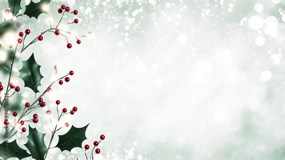 Christmas Mistletoe with Red Berries on Soft Snowy Background with Copy Space Christmas Mistletoe with Red Berries on Soft Snowy Background with Copy Space