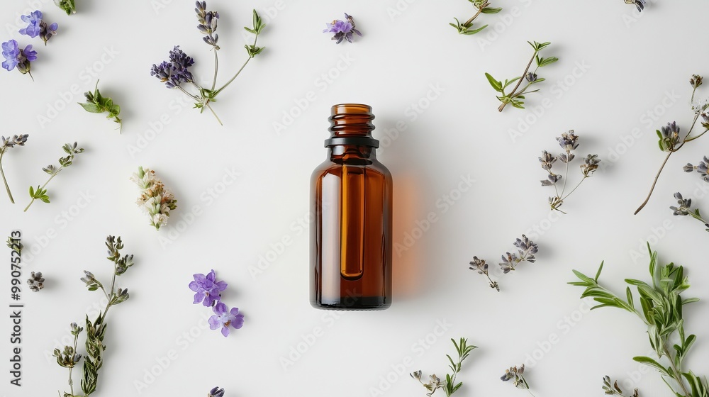 A bottle of essential oil is isolated against a clean white background, viewed from the top. A bottle of essential oil is isolated against a clean white background, viewed from the top.