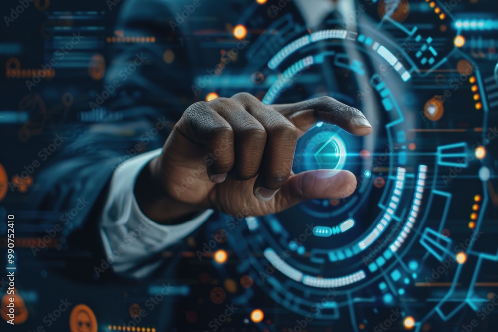 Hand touching digital interface with futuristic designs Hand touching digital interface with futuristic designs