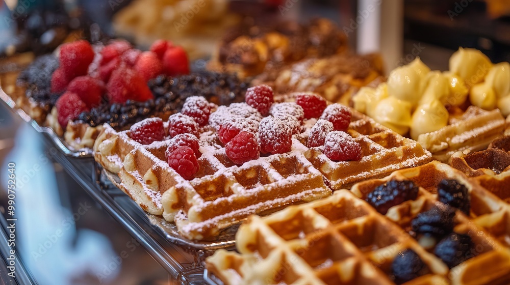 A close-up view of delicious Belgian waffles on display at a bakery in Brussels reveals their golden-brown, crispy exterior and fluffy interior. A close-up view of delicious Belgian waffles on display at a bakery in Brussels reveals their golden-brown, crispy exterior and fluffy interior.