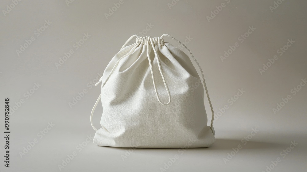 Simple white drawstring bag with a fine texture and sturdy strings on a plain background, practical and stylish. Simple white drawstring bag with a fine texture and sturdy strings on a plain background, practical and stylish.