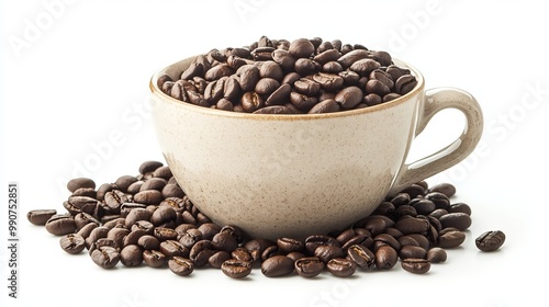  A cup filled with rich, dark coffee beans is isolated against a clean white background, showcasing the beans' glossy surface and intricate textures. 