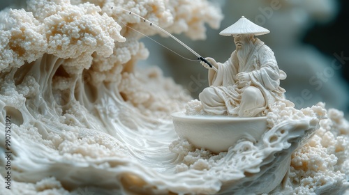 A serene figure fishing amidst intricate, wave-like patterns.