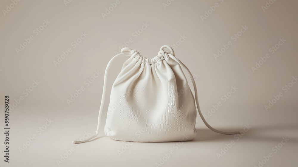 Simple white drawstring bag with a fine texture and sturdy strings on a plain background, practical and stylish. Simple white drawstring bag with a fine texture and sturdy strings on a plain background, practical and stylish.