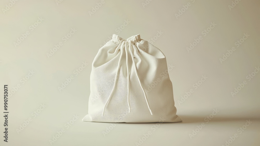 Simple white drawstring bag with a fine texture and sturdy strings on a plain background, practical and stylish. Simple white drawstring bag with a fine texture and sturdy strings on a plain background, practical and stylish.