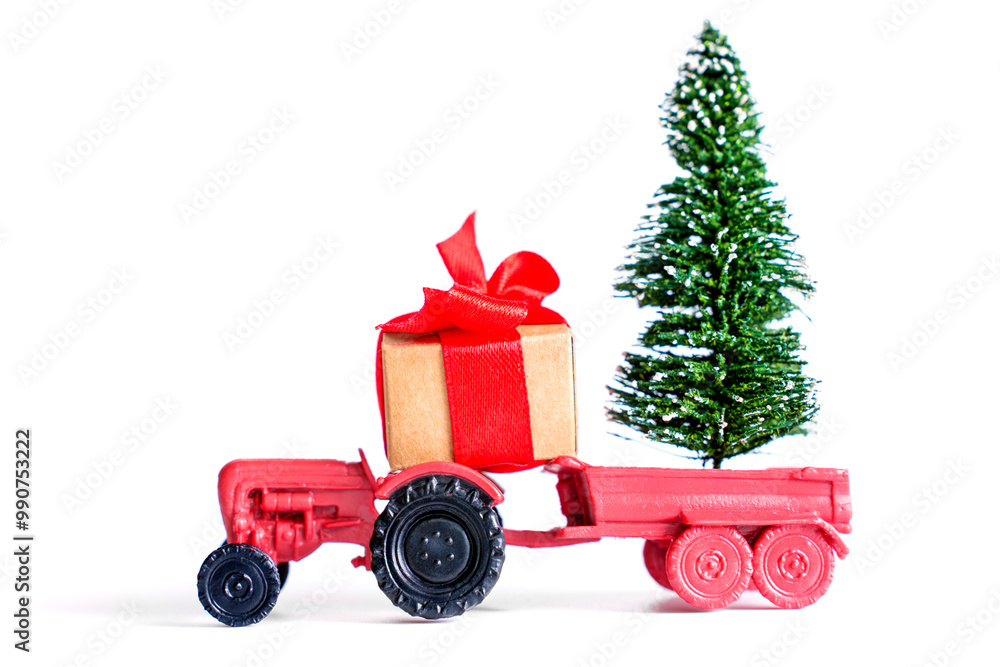 Festive Red Tractor with Christmas Tree and Gift Box Decoration Festive Red Tractor with Christmas Tree and Gift Box Decoration