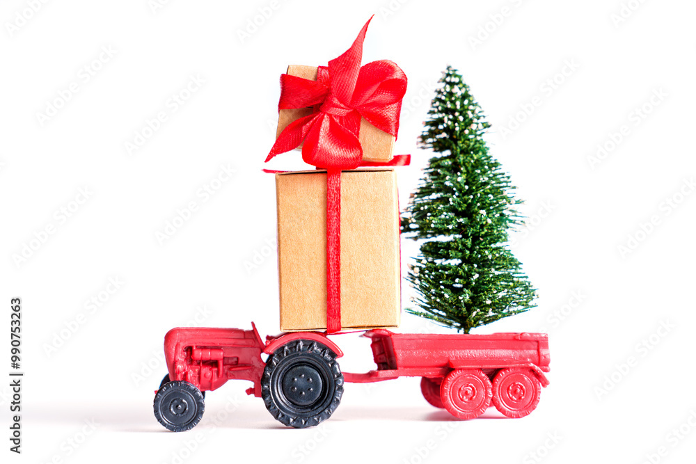 Playful Red Tractor with Christmas Gifts and Festive Tree on White Playful Red Tractor with Christmas Gifts and Festive Tree on White