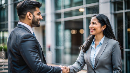 An Indian businesswoman shaking hands after a successful deal.
 photo