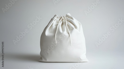 Simple white drawstring bag with a fine texture and sturdy strings on a plain background, practical and stylish.