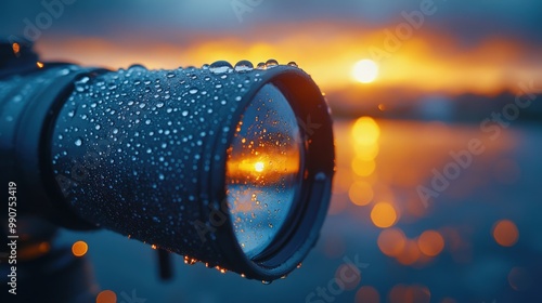 The telescope lens glistens with droplets as the sun sets over the horizon