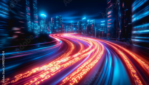 Glowing binary code streams in a high-tech, futuristic digital scene