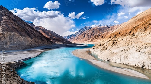 The confluence of the Indus and Zanskar Rivers in Leh, Ladakh, presents a breathtaking view where the two rivers meet, creating a stunning visual contrast.