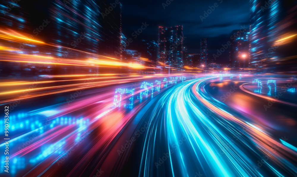 Flowing glowing binary code in a futuristic digital data stream environment Flowing glowing binary code in a futuristic digital data stream environment