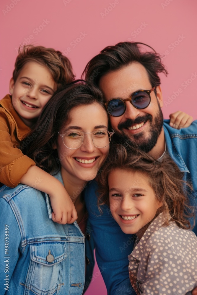 A family of four smiling for a happy photo together. Father, mother and two children posing for a portrait. A family of four smiling for a happy photo together. Father, mother and two children posing for a portrait.