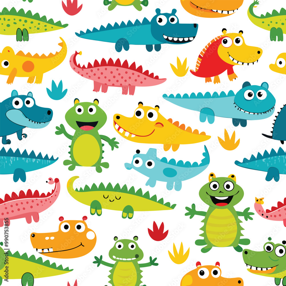 Obraz premium Seamless pattern with cute cartoon colorful crocodiles. Childish jungle vector texture.