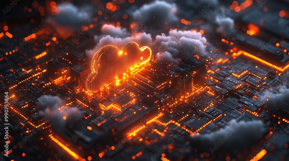Cloud technology computing devices illustrated with AI generative elements, highlighting advanced digital systems. Cloud technology computing devices illustrated with AI generative elements, highlighting advanced digital systems.