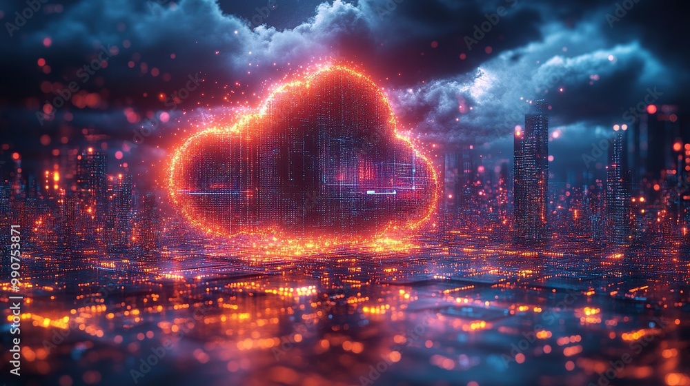 Cloud technology computing devices illustrated with AI generative elements, highlighting advanced digital systems. Cloud technology computing devices illustrated with AI generative elements, highlighting advanced digital systems.