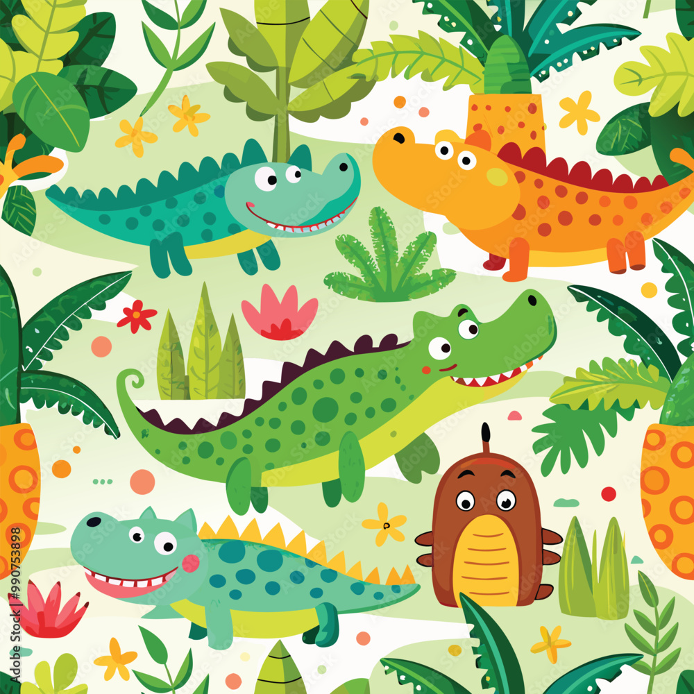 Fototapeta premium Seamless pattern with cute cartoon colorful crocodiles. Childish jungle vector texture.