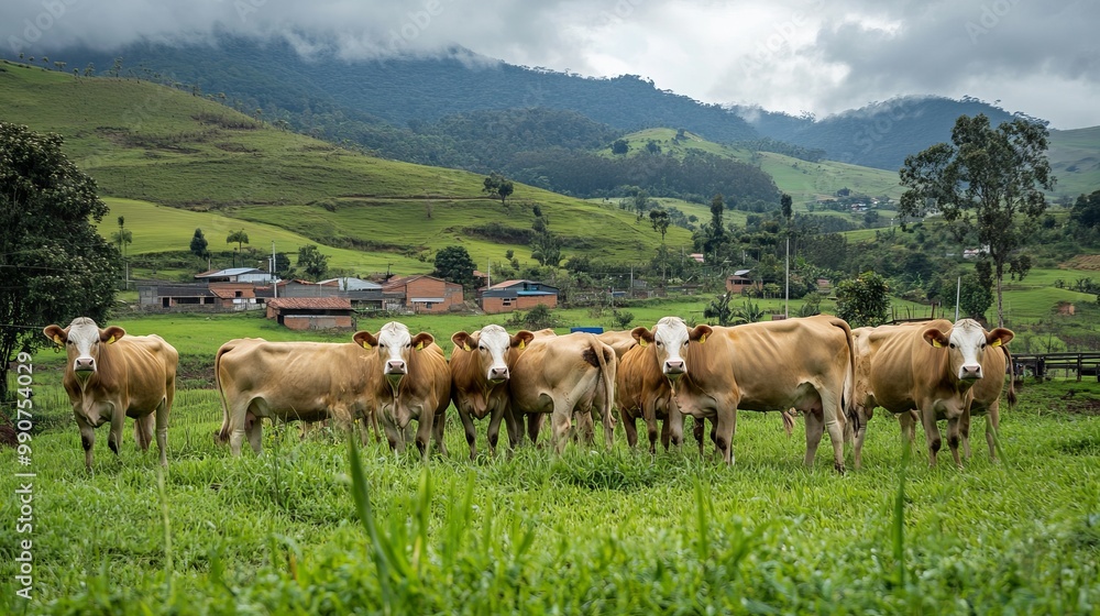 A picturesque flock of cows grazes peacefully in a South American suburb, surrounded by rolling hills and lush greenery. A picturesque flock of cows grazes peacefully in a South American suburb, surrounded by rolling hills and lush greenery.