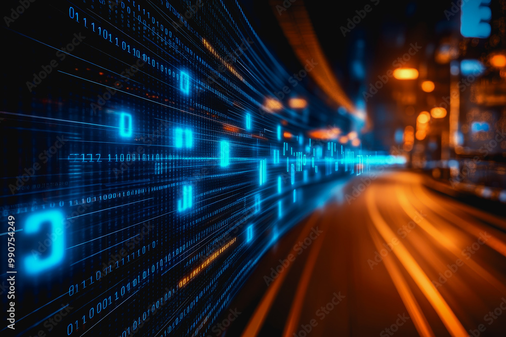 Fototapeta premium Flowing glowing binary code in a futuristic digital data stream environment