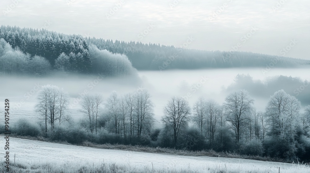 A foggy and frosted early winter landscape unfolds in the Westerwald region of Germany, where soft mists blanket the rolling hills and trees. A foggy and frosted early winter landscape unfolds in the Westerwald region of Germany, where soft mists blanket the rolling hills and trees.