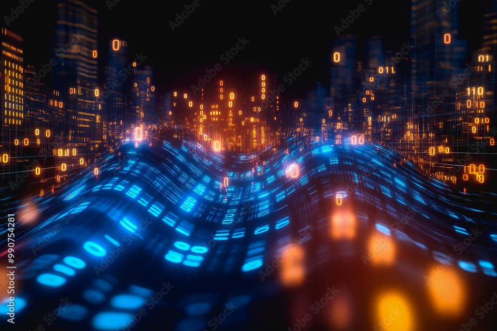 Obraz premium Flowing glowing binary code in a futuristic digital data stream environment