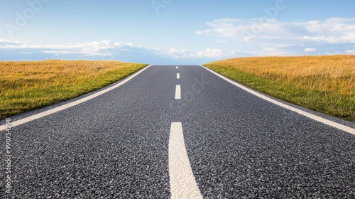 A straight road stretches into the horizon, flanked by golden fields under a clear blue sky. A tranquil view suggesting freedom and adventure.