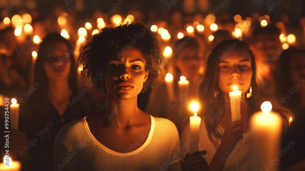Woman stands among protesters holding candles, conveying a message of solidarity and hope for change.