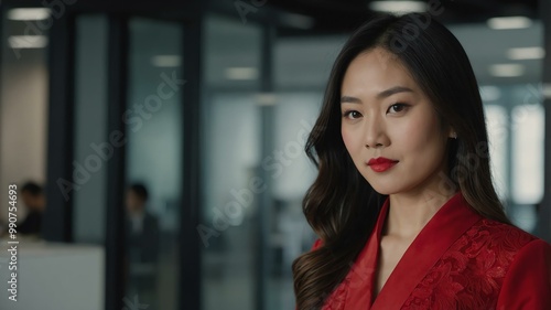twenties asian woman in red attire on office background model portrait looking confident for ad concept space for text Free Download twenties asian woman in red attire on office background model portrait looking confident for ad concept space for text - GFXLoad