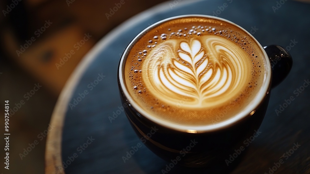 A steaming cup of hot cappuccino sits on a wooden table, showcasing an intricate spiral foam design atop its rich, dark espresso. A steaming cup of hot cappuccino sits on a wooden table, showcasing an intricate spiral foam design atop its rich, dark espresso.