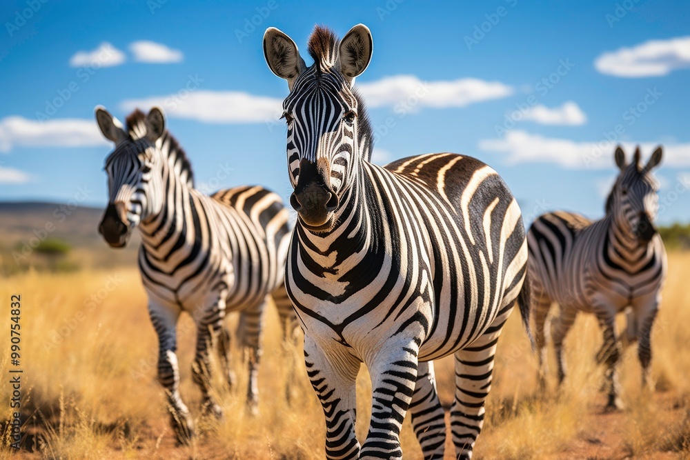 Obraz premium A group of zebras walking on savanna grass under a bright blue sky, perfect for wildlife, nature, animal, and safari themed designs and projects, is depicted. Generative AI