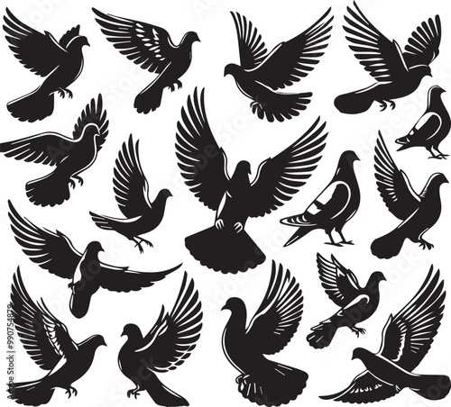 Black and White Pigeon Silhouette Vector Art: Flying Dove Illustrations, Bird Clipart Graphics for Design Projects, Stock Images and Graphic Resources