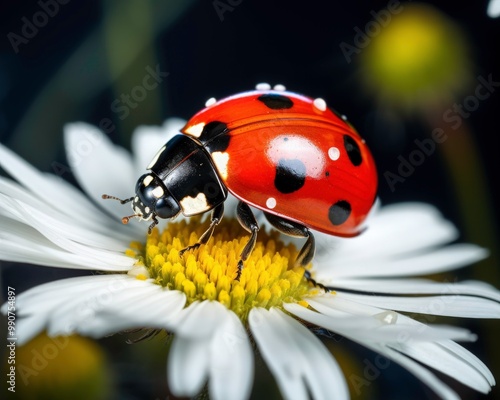 Ladybugs on daisies with dew drops, beautiful close up view of nature, perfect for background or garden themed design. Generative AI photo