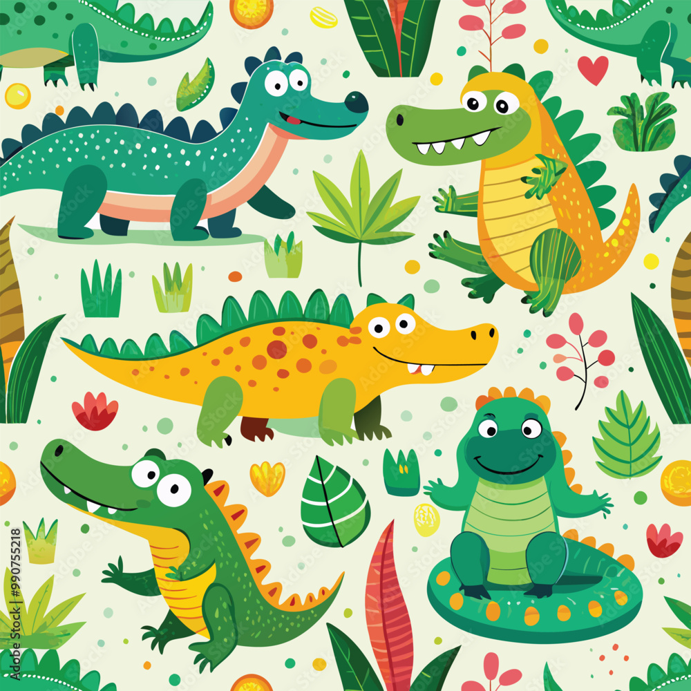 Fototapeta premium Seamless pattern with cute cartoon colorful crocodiles. Childish jungle vector texture.