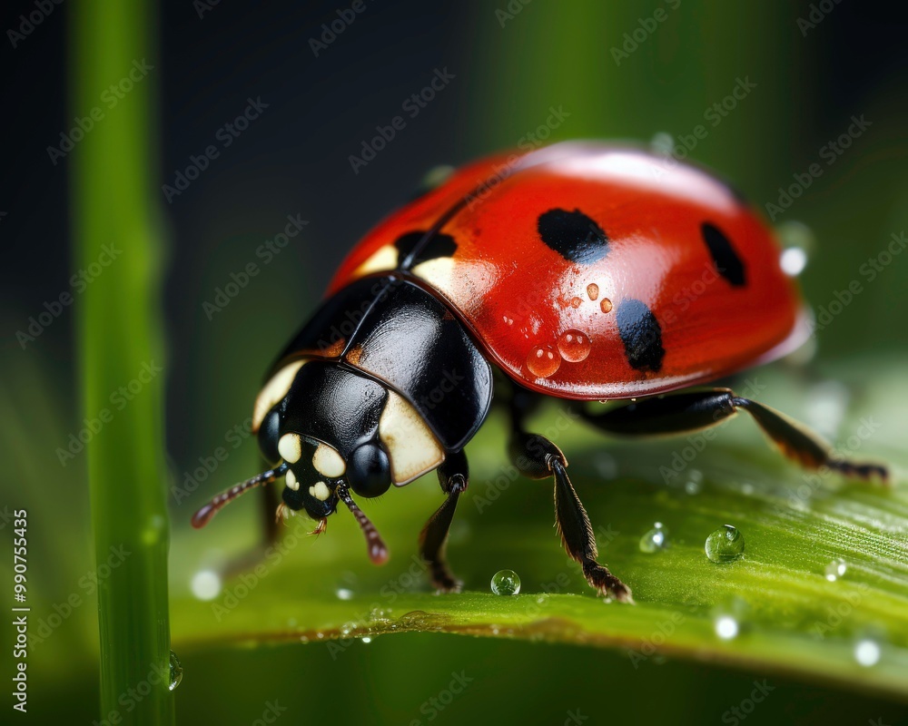 Obraz premium Ladybugs on dewy grass in bright sunlight. Perfect for nature blogs, gardening magazines, children's books, and educational materials. Generative AI