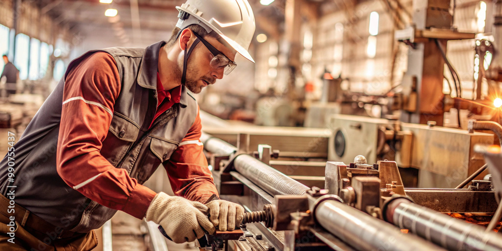 A focused factory worker in safety gear operates industrial machinery, depicting dedication and skill in a manufacturing environment. A focused factory worker in safety gear operates industrial machinery, depicting dedication and skill in a manufacturing environment.
