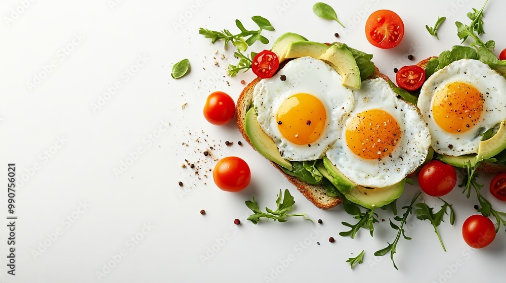 Healthy Hearty Breakfast Fried Eggs, Avocado Toast, and Fresh Vegetables on White Background Healthy Hearty Breakfast Fried Eggs, Avocado Toast, and Fresh Vegetables on White Background