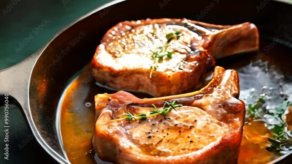 Video delicious pan fried pork chops in sizzling butter with thyme. Traditional American cuisine dish specialty Video delicious pan fried pork chops in sizzling butter with thyme. Traditional American cuisine dish specialty