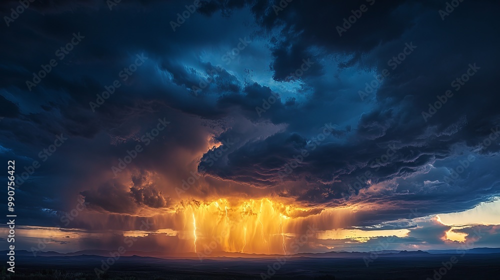 A powerful thunderstorm rolls in at dusk, with dark clouds illuminated by flashes of lightning. A powerful thunderstorm rolls in at dusk, with dark clouds illuminated by flashes of lightning.