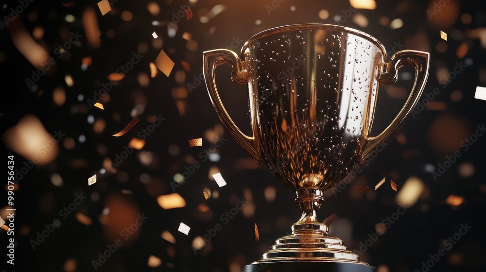 A moment of victory as golden sports trophies are showered with confetti. A representation of achievement in the realm of competition. A moment of victory as golden sports trophies are showered with confetti. A representation of achievement in the realm of competition.