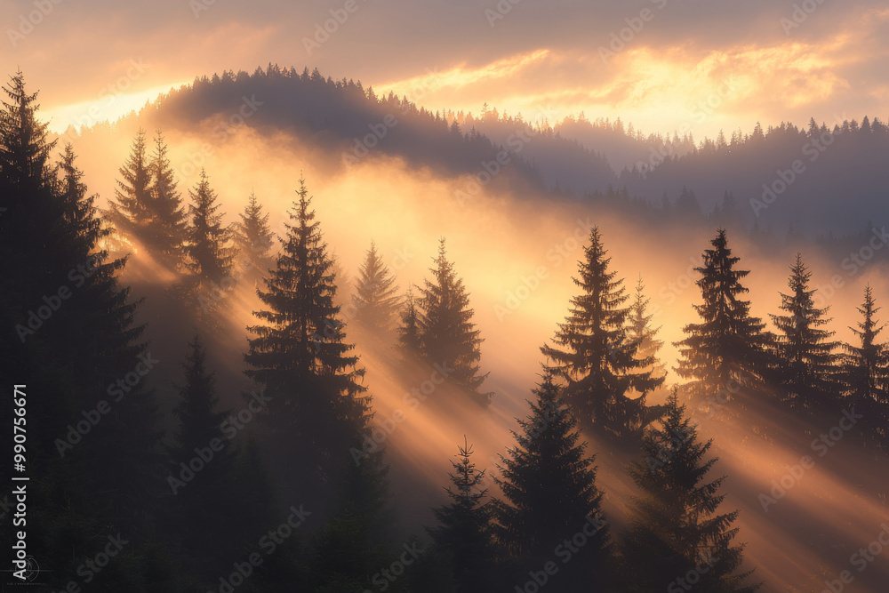 A serene landscape of misty mountains and tall trees illuminated by soft sunlight, creating a tranquil and dreamy atmosphere. A serene landscape of misty mountains and tall trees illuminated by soft sunlight, creating a tranquil and dreamy atmosphere.