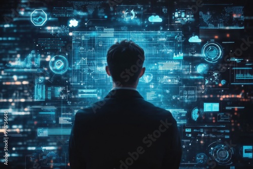 A professional analyzes complex data on a futuristic computer screen filled with algorithms and metrics. The high-tech environment reflects innovation and precision, highlighting the importance of dat