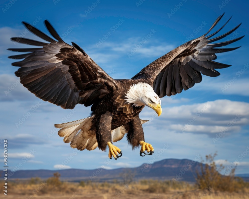 A bald eagle flies with wings spread wide majestically against a bright blue sky, perfect for patriotic, wildlife. Generative AI A bald eagle flies with wings spread wide majestically against a bright blue sky, perfect for patriotic, wildlife. Generative AI