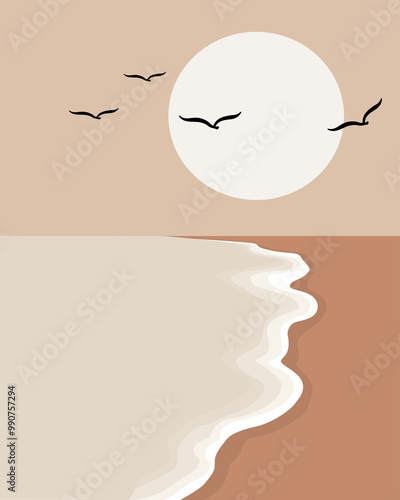 Minimalist Beach Scene with Soaring Birds and Sun for Coastal-Themed Wall Art and Home Decor