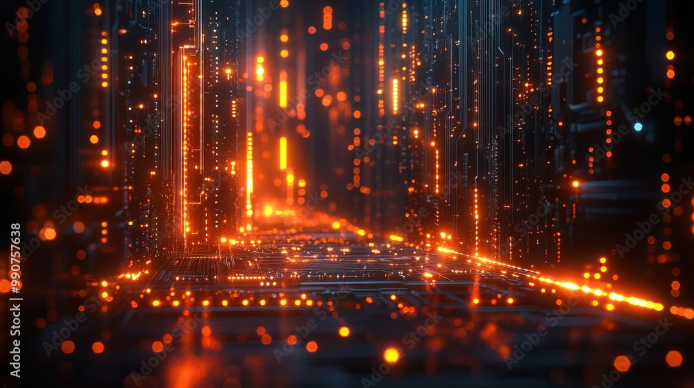 Fiber optics paired with a computer circuit board illustrate advanced communication technologies. Fiber optics paired with a computer circuit board illustrate advanced communication technologies.