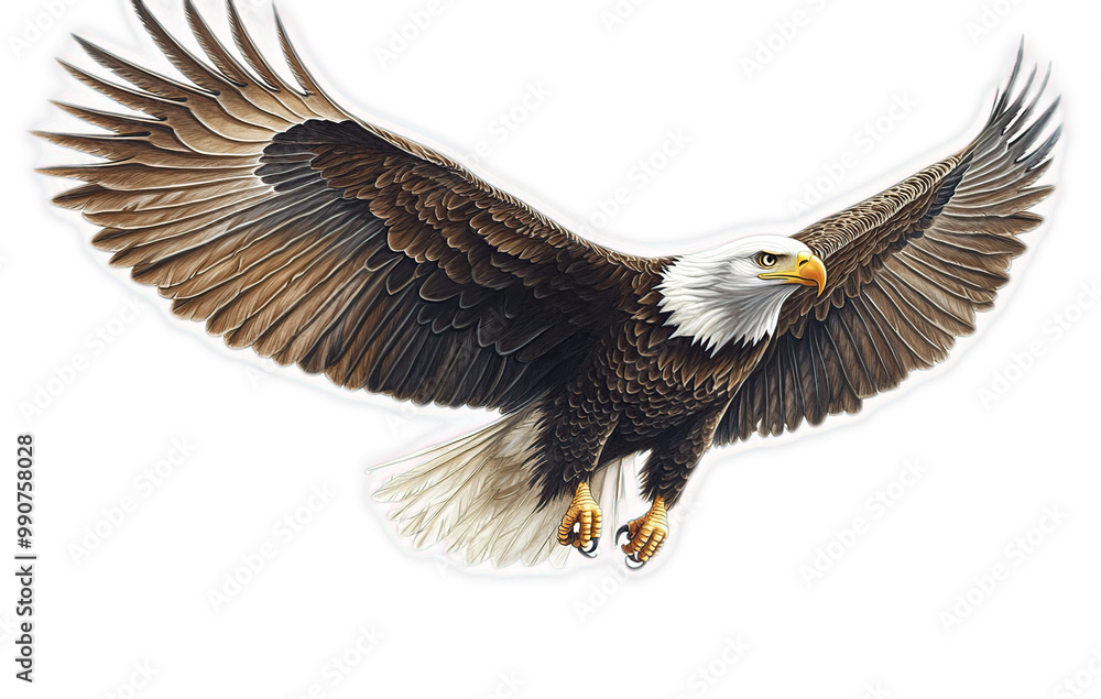 Fototapeta premium Bald eagle flying with wings spread wide, isolated on black background