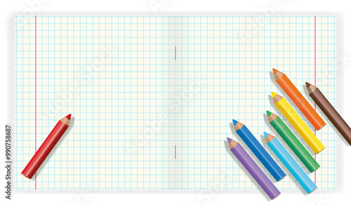Checkered paper. School notebook. Colored pencils. Back to school concept web design template. Close-up.