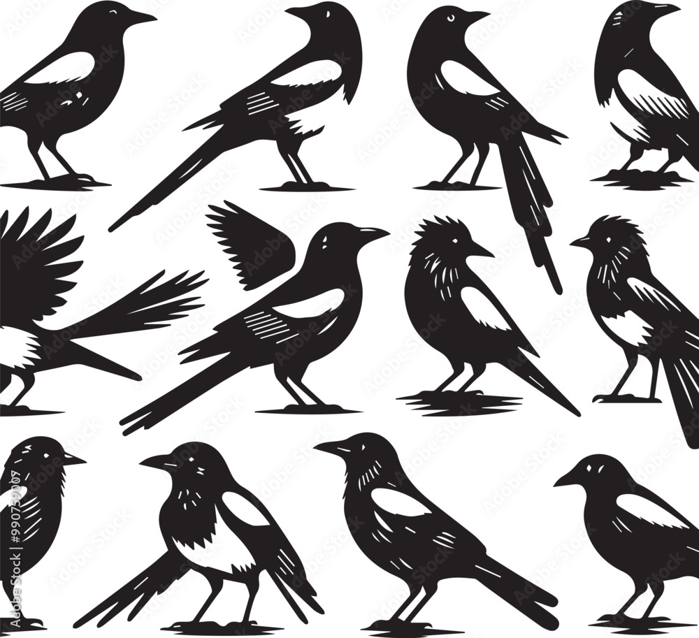 Fototapeta premium Magpie Bird Silhouettes: Vector Illustration of Black and White Eurasian Magpies in Various Poses - Wildlife Art, Ornithology Design Elements