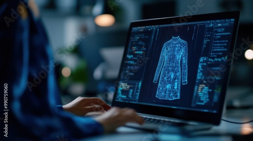 A designer using advanced technology to create a 3D model of a dress on a sleek computer.