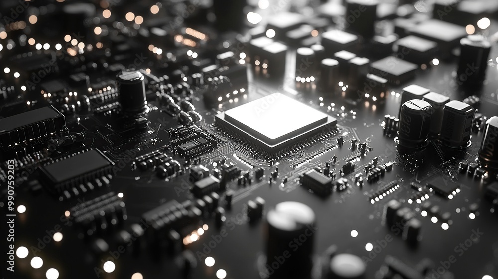 High-key circuit with a short depth of field, emphasizing the intricate details of technology. High-key circuit with a short depth of field, emphasizing the intricate details of technology.